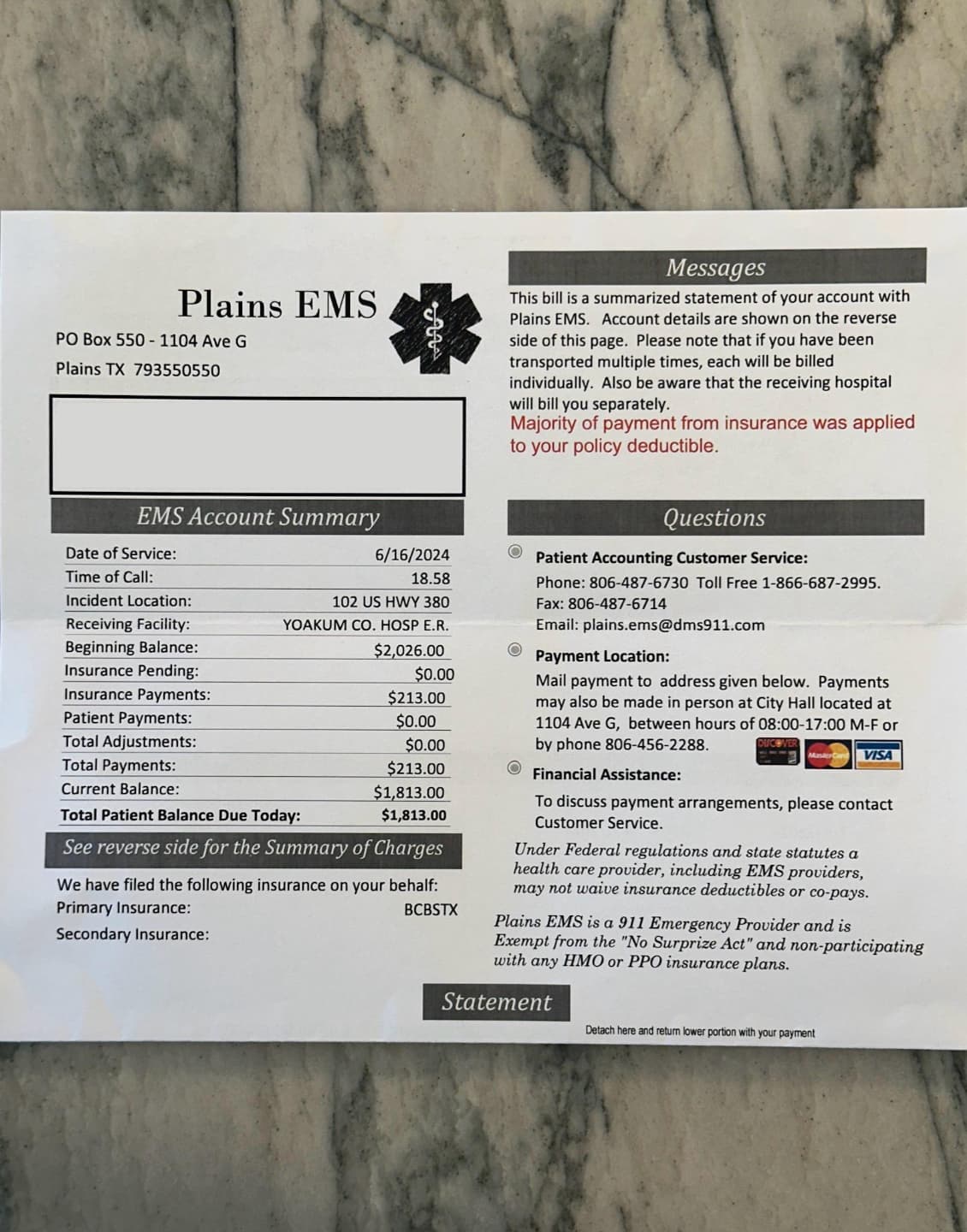 document - Plains Ems Po Box 550 1104 Ave G Plains Tx 793550550 A Messages This bill is a summarized statement of your account with Plains Ems. Account details are shown on the reverse side of this page. Please note that if you have been transported multi